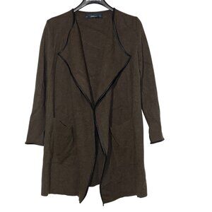 Zara Knit Open Waterfall Long Faux Leather Trim Pocket Cardigan Sweater Sz MED